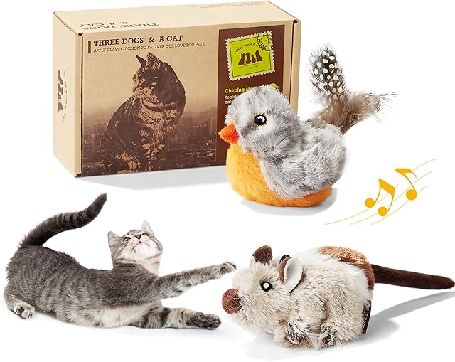 Suhaco Interactive Cat Feather Toy Melody Chaser Chirpy Bird & Mouse Cat Toy Plush Toys Set for Cats, Three Dogs & A Cat Squeak Toys for Indoor Cats (2 Pack)