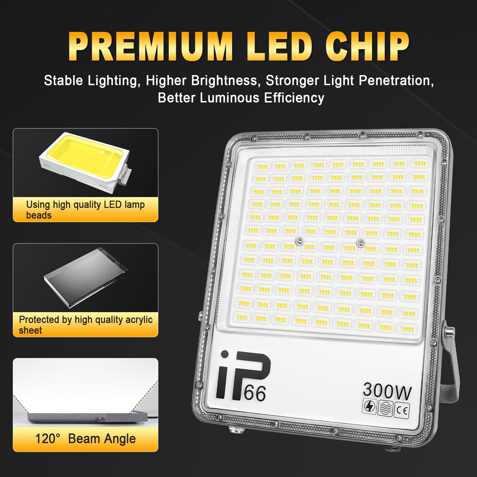 RIGIDON LED Strahler Außen mit Stecker, 300W 30000LM 6000K Kaltweiß Fluter | IP66 Wasserdicht Led Scheinwerfer Flutlicht Außenstrahler für Garten, Innenhöfe, Garage, Sportplatz, Terrassen, Werkstatt