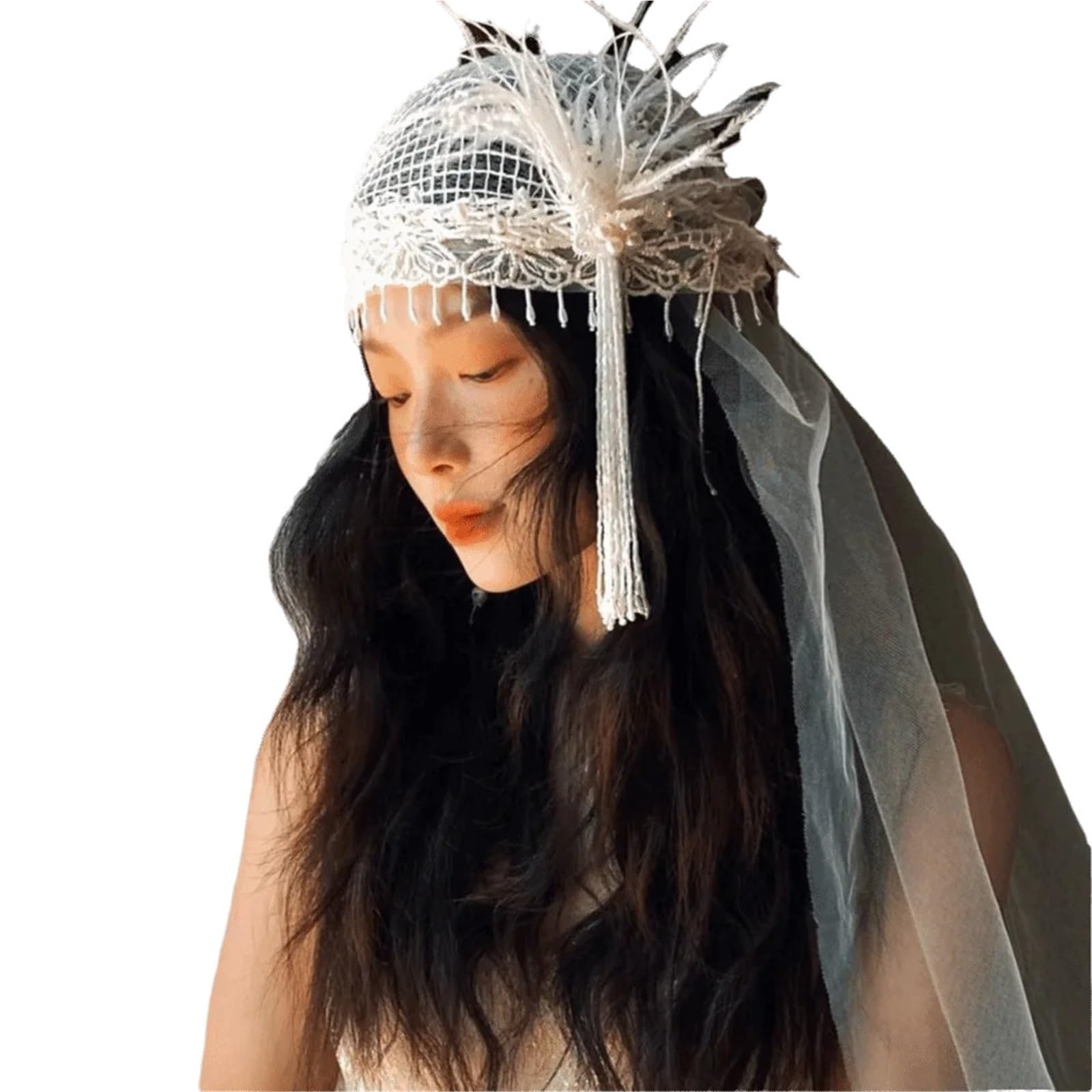Diseño con velo de novia borlas plumas estilo francés