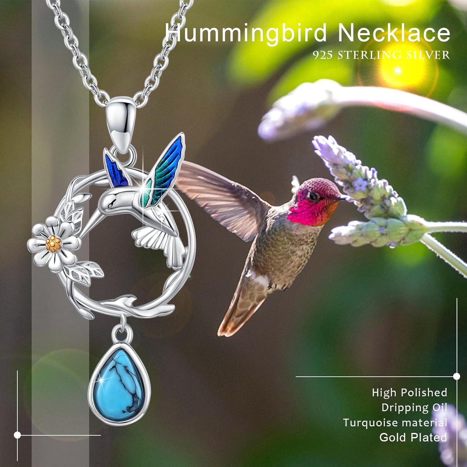 CUOKA MIRACLE Turquoise Hummingbird Necklace S925 Sterling Silver Turquoise Hummingbird Necklaces For Women Hummingbird Jewelry Gifts For Women - Image 4