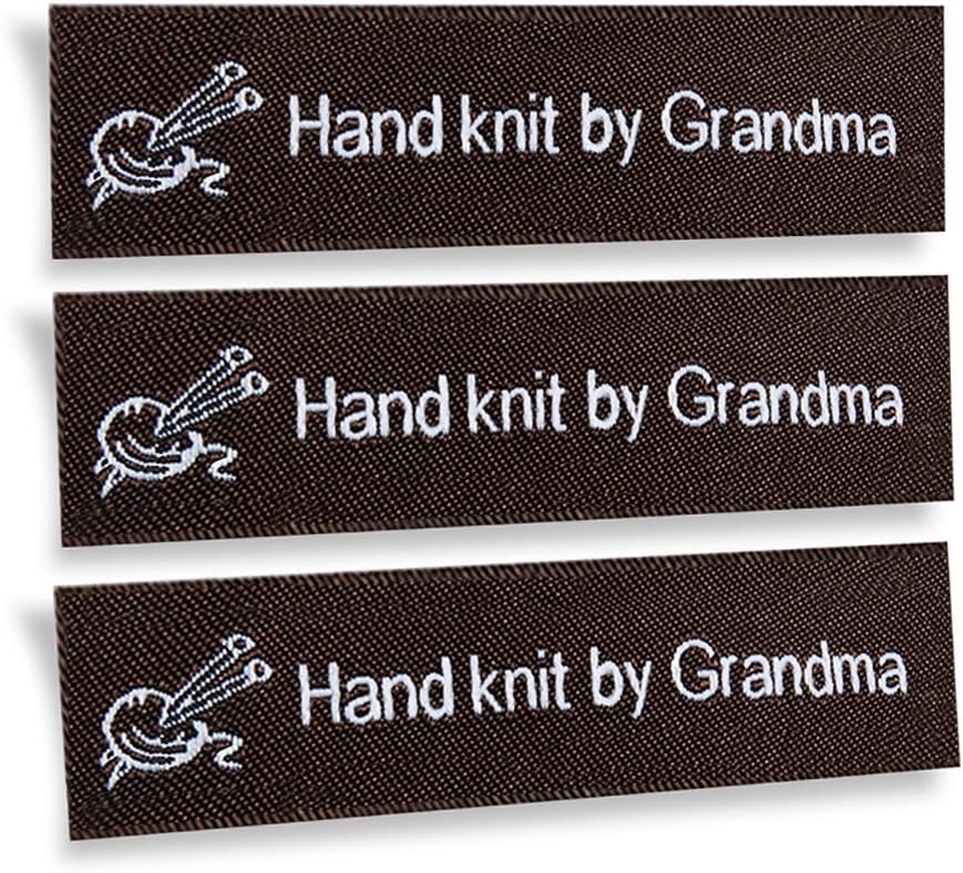 Wunderlabel Hand Knit by Grandma Granny Nana Crafting Fashion Woven Ribbon Ribbons for Clothing Sewing Sew on Clothes Garment Fabric Material Embroidered Label Labels Tags, White on Brown, 25 Labels