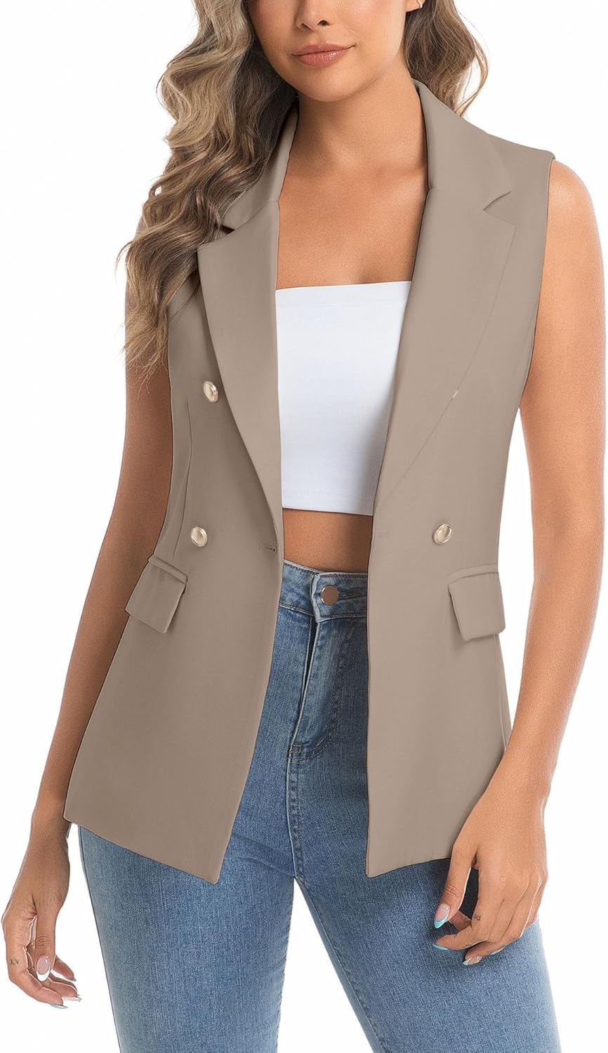 IDEALSANXUN Womens Double Breasted Vest Tops Sleeveless Blazer Spring Summer Suit Jackets
