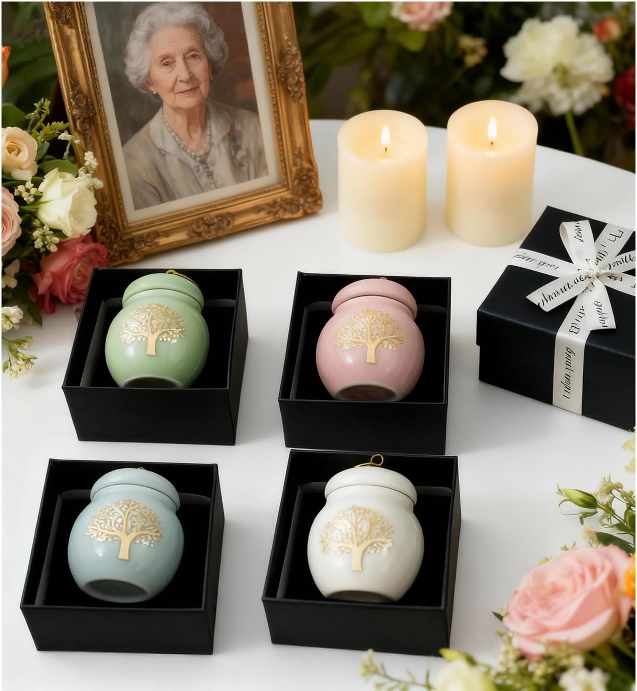 Set of 4 Small Ceramic Keepsake Urns for Ashes, Mini Decorative Tree of Life Urn for Adult Human Male Female Man Women Pet Dog Cat Remains with Gift Box