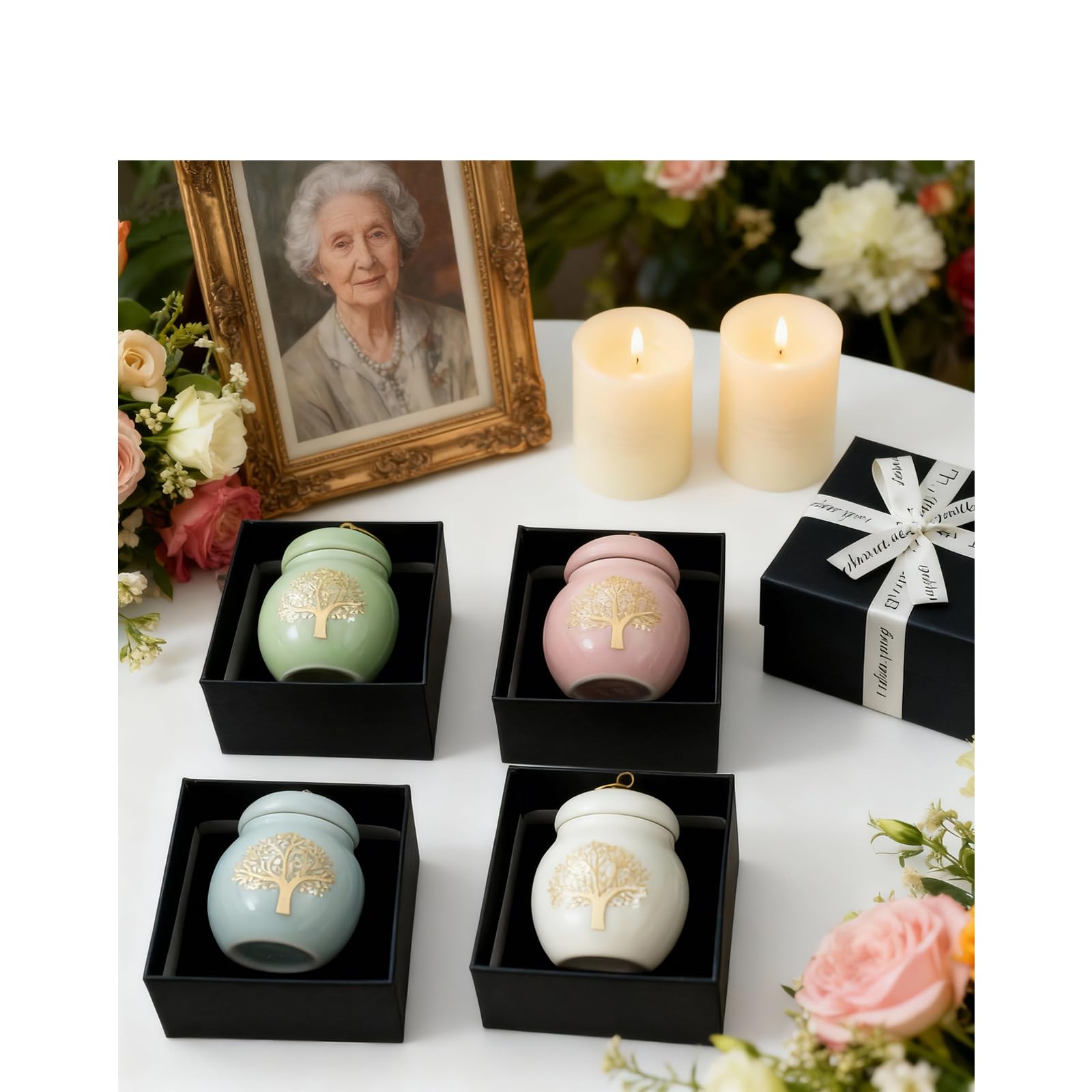 Set of 4 Small Ceramic Keepsake Urns for Ashes, Mini Decorative Tree of Life Urn for Adult Human Male Female Man Women Pet Dog Cat Remains with Gift