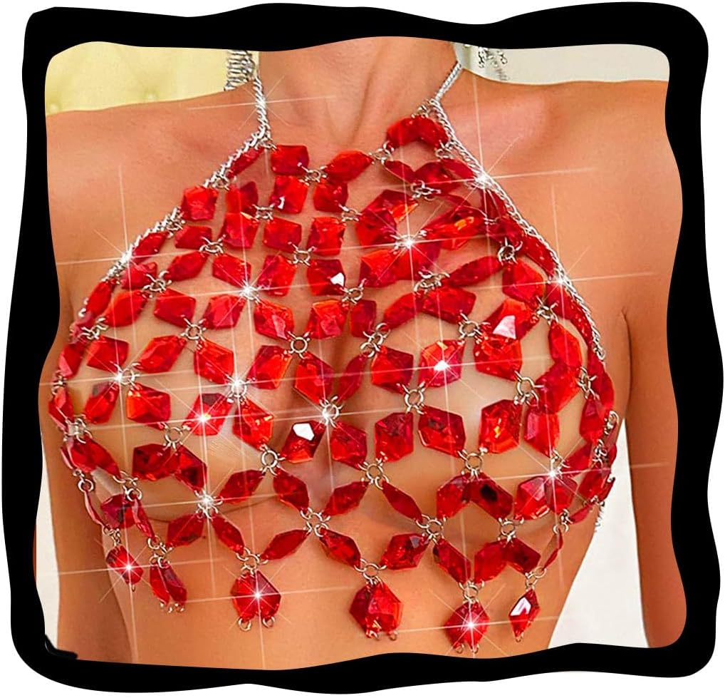 Aukmla Sparkly Crystal Bra Chain Top Halter Rhinestones Chest Body Chains Nightclub Beach Bikini Crop Tops for Women