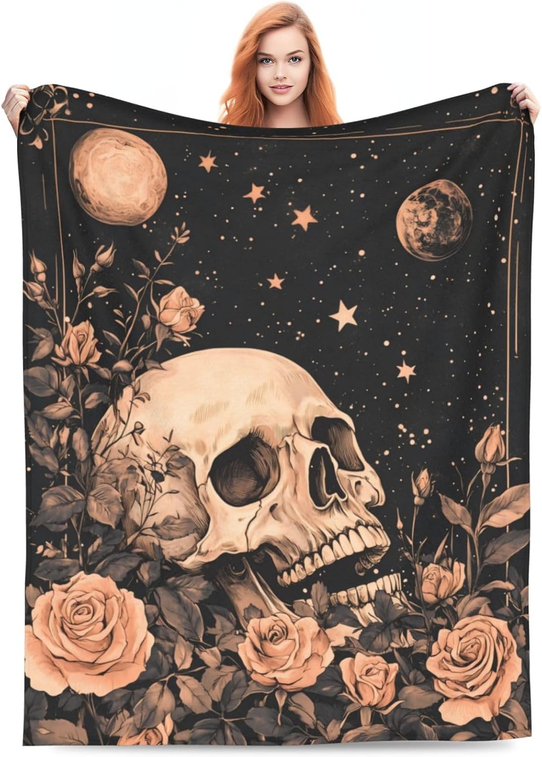 Horror Skull Blanket Gifts for Kids Adults Lightweight Soft Gothic Floral White Black Skull Flannel Throw Blankets Cozy for Living Room Sofa Couch Bed Room All Season Decor 50x60in