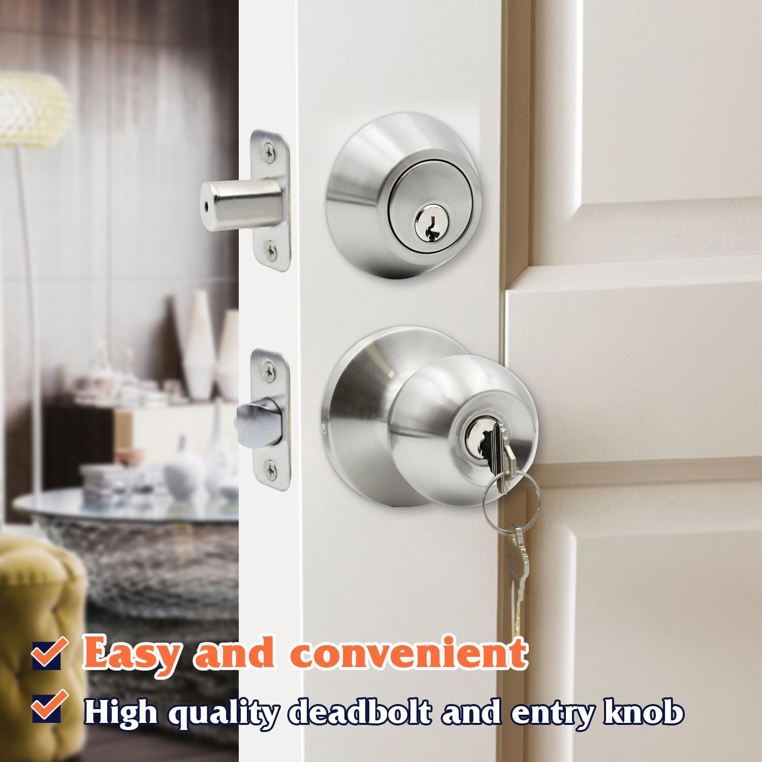 Entry Door Knob and Single Cylinder Deadbolt Combo,Keyed Alike Combination Sets Door Locksets, Satin Nickel Front Door Knobs and Deadbolt Set (2 Pack)