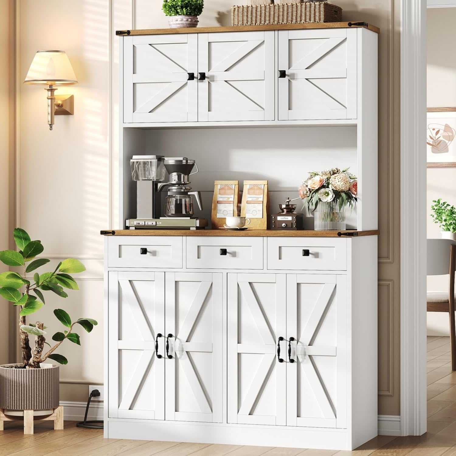 RALGEND 70.9'' Tall Pantry Cabinet for Kitchen with Charging Station, Kitchen Hutch Cabinet with Drawers, Farmhouse Kitchen Pantry Storage Cabinet, Adjustable Shelves, for Kitchen, White and Walnut