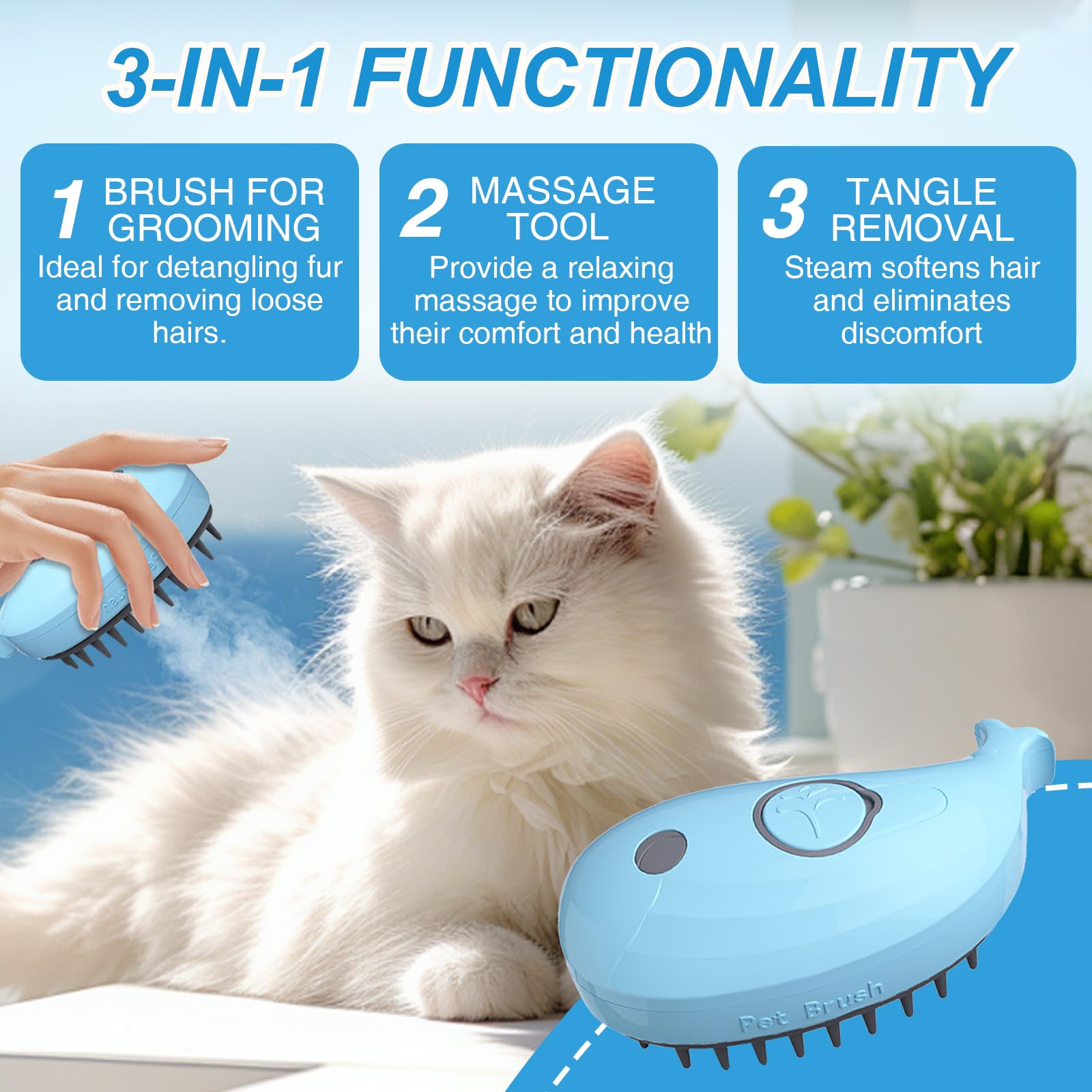 Leogony Cat Steam Brush, 3 In 1 Pet Steam Brush for Dogs & Csts Removing Tangled and Loosse Long Short Hair - Image 3