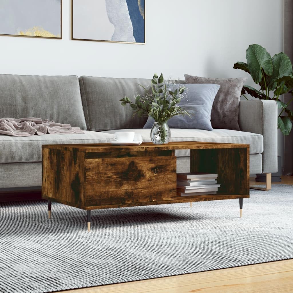Mesa de centro de roble ahumado 90 × 50 × 36,5 cm, madera, patas de metal, cajón, estante, salón, dormitorio, balcón