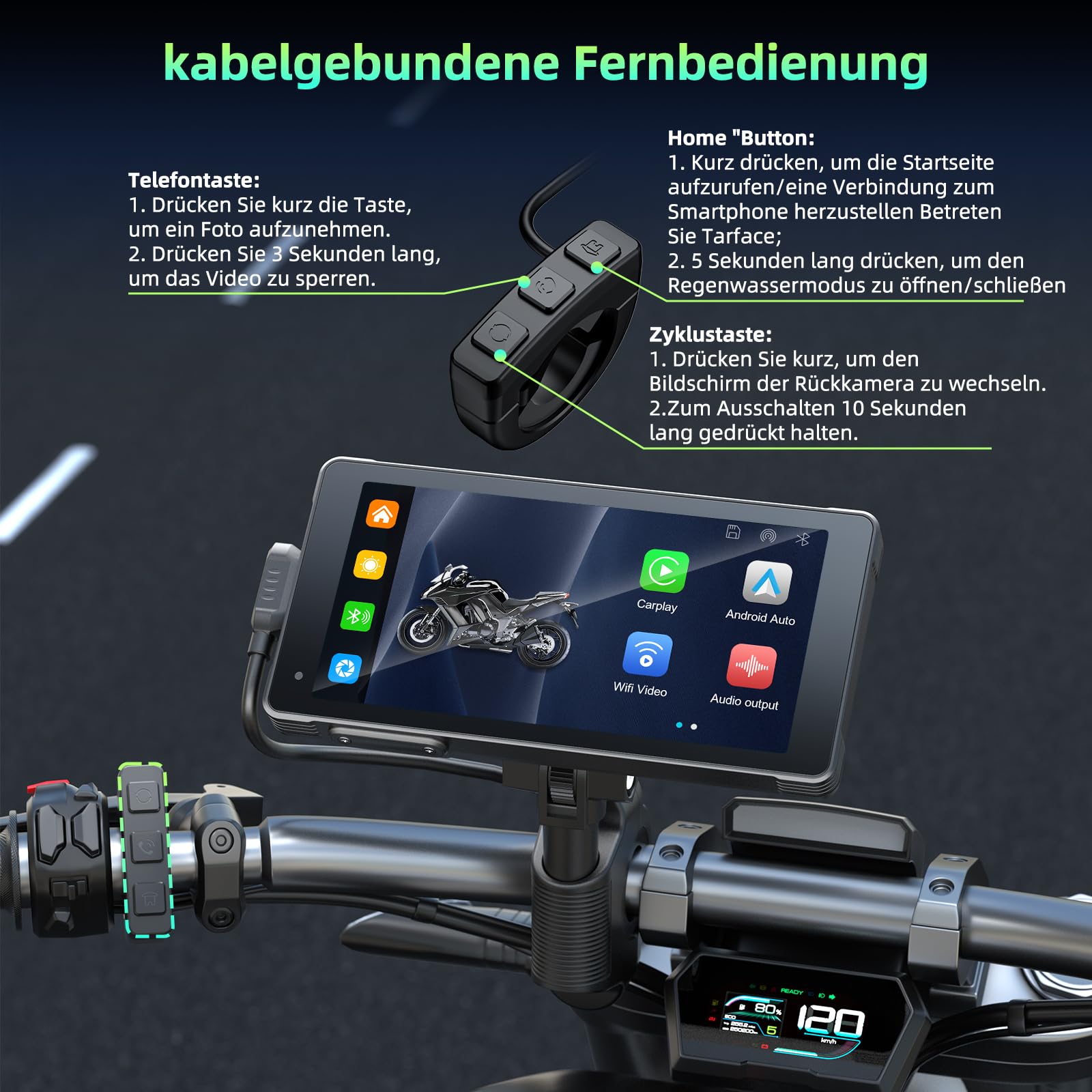 Wireless Carplay per Moto con App-le Carplay e Android Auto,5,5 Pollici Portatile Schermo Touch con Dashcam Anteriore e Posteriore 2K+1080P, Impermeabile IP67/Registrazione in Loop/Siri/Goo-gle/64G TF