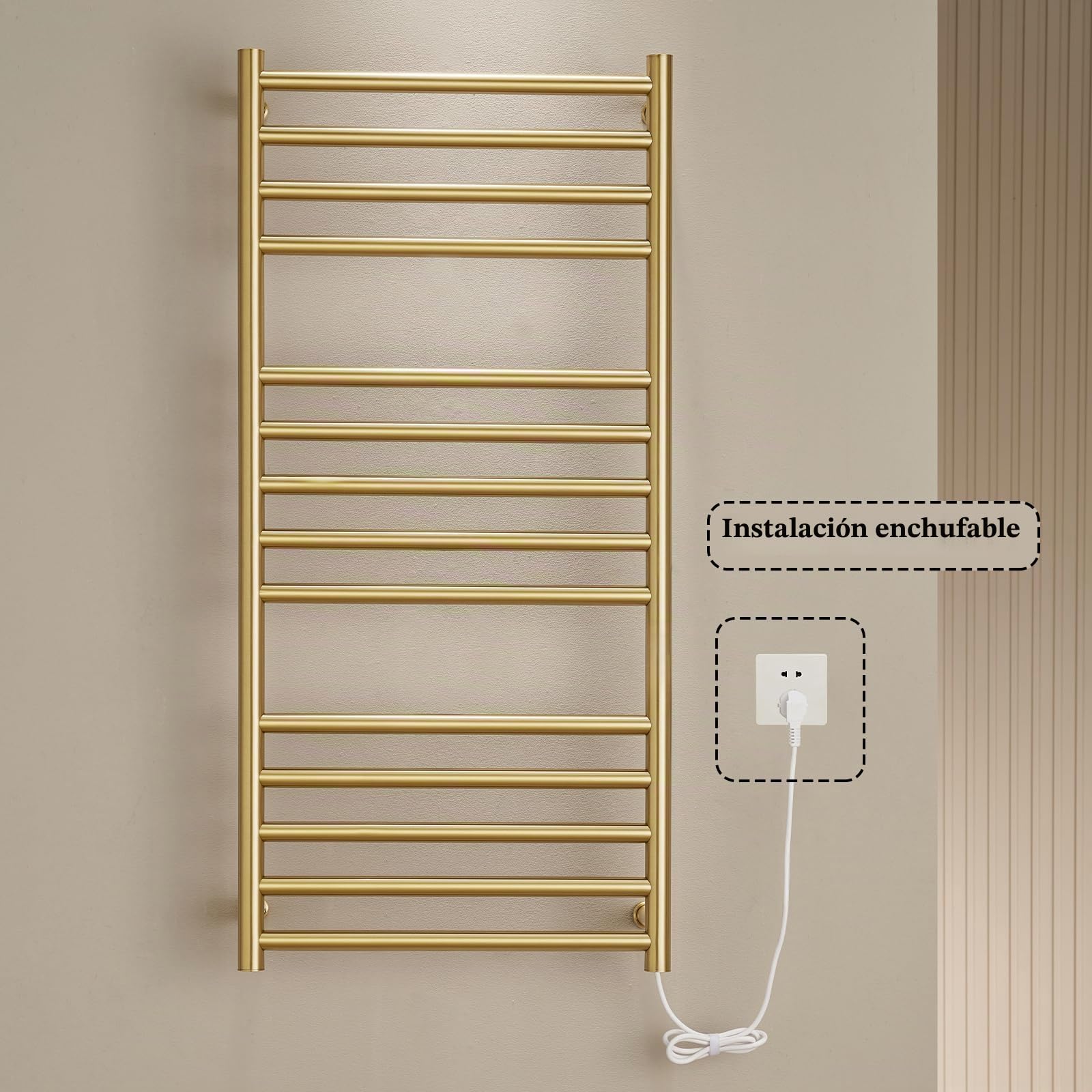 Radiador Toallero Eléctrico Baño Dorado Calentador de Toallas 162 W | Bajo Consumo, Acero Inoxidable, IP44 Impermeable, 110x52x12cm Instalación en la Pared, Fácil de Limpiar, con EU Enchufe