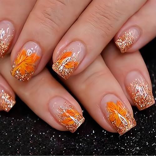 Fall Press On Nails Medium Coffin, Maple Leaf Fake Nails