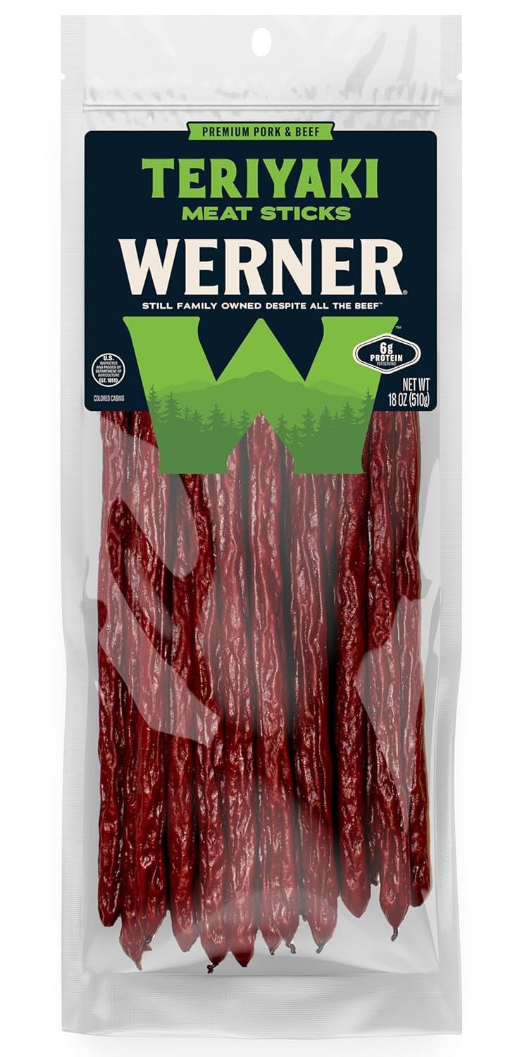 Werner Teriyaki Meat Sticks Pack of 20 - Big 12" Sticks, Bulk Meat Snacks 18 Ounce