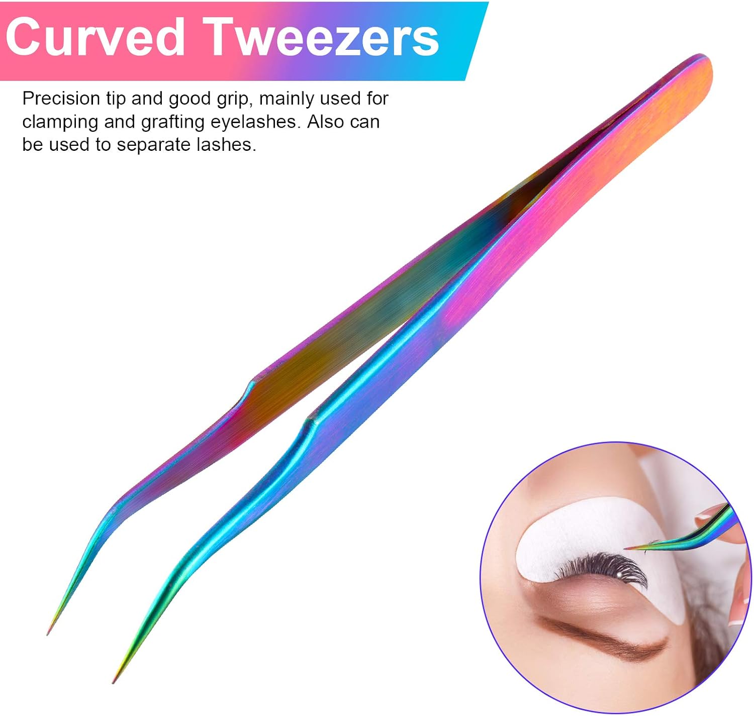 2 Pieces Straight and Curved Tip Tweezers Eyelash Extension Tweezers, Stainless Steel False Lash Application Tools (Iridescence)