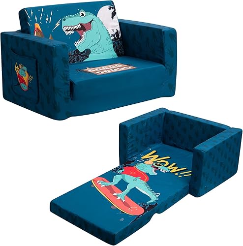 ALIMORDEN Sofá suave 2 en 1 para niños, silla convertible a tumbona para niños, patrón de dinosaurios verdes