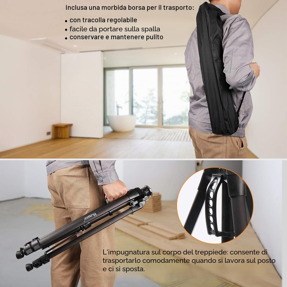 Huepar Treppiede 1,6 m Treppiede in alluminio per livella laser, con livella a bolla, con filettatura maschio da 5/8 "-11 e adattatore per vite da 1/4" -20, Borsa per il trasporto inclusa - TPD16