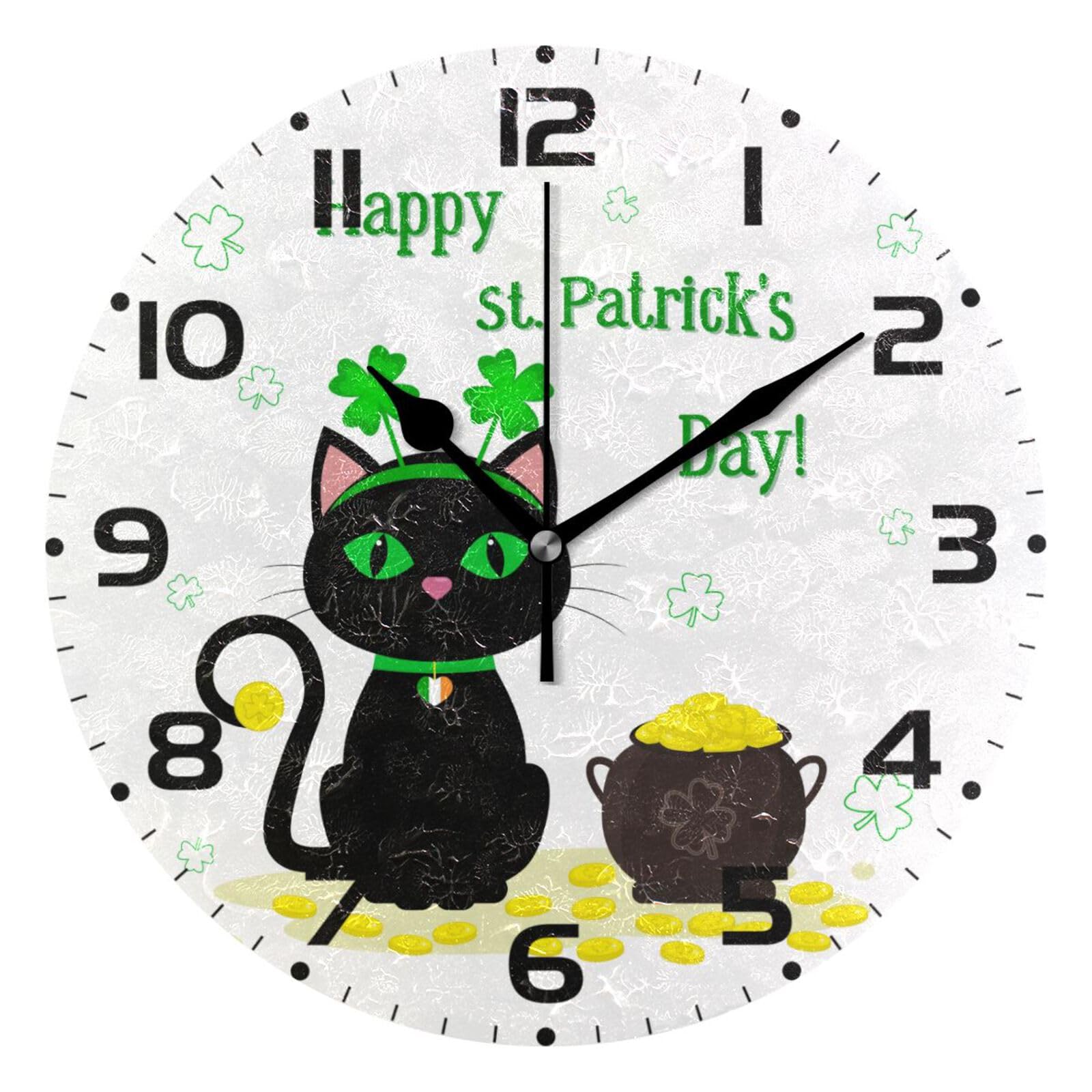 Horloge murale silencieuse chat noir St.Patrick pour endormir votre enfant sans bruit