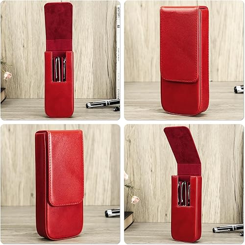 Miniatura 2 de Top Grain - Funda de piel auténtica para 3 bolígrafos y lápices, diseño sólido de moda, sin logotipo, hecho a mano, cierre magnético con diseño de