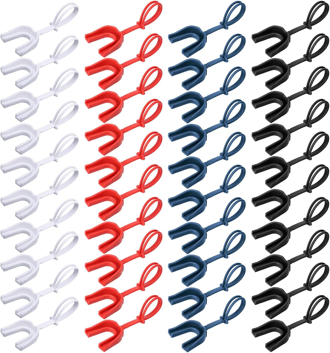 40 Pcs Strapped Mouth Guard Bulk Football, Black, Red, Blue, White | Youth Sports Mouthpieces for Basketball Lacrosse Hockey Wrestling Boxing, Adult Strapped Design, Team Protection