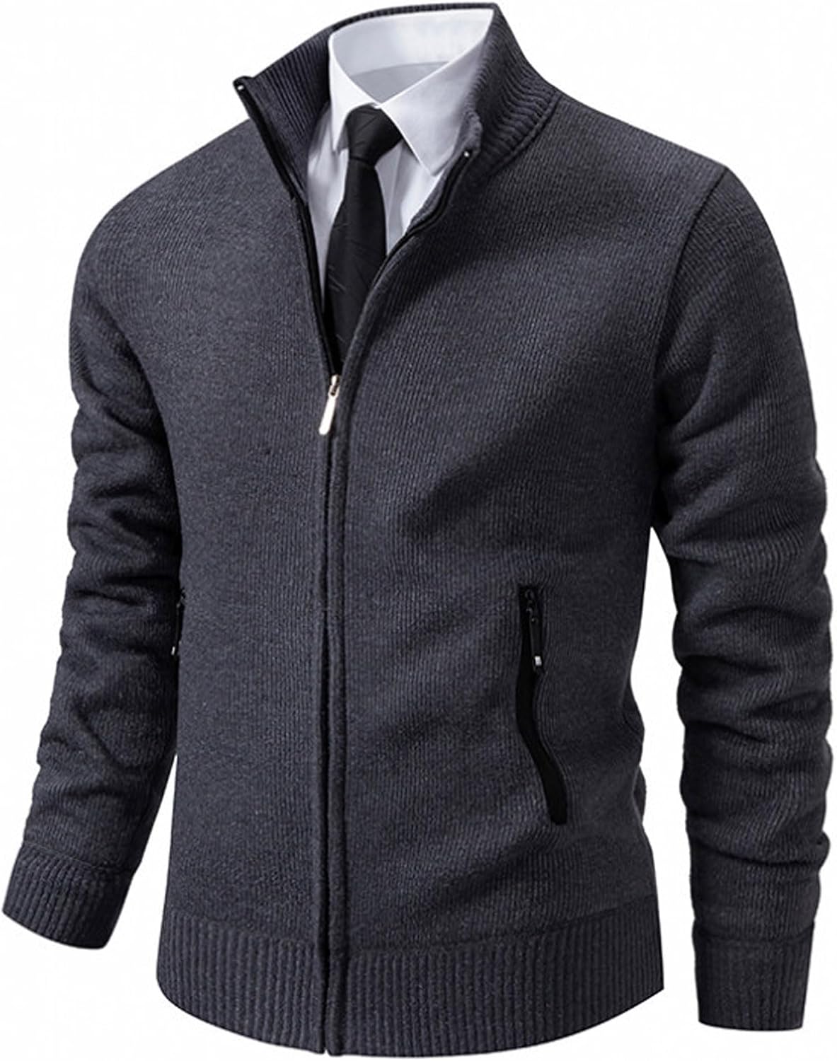 Bestgift Men's Padded Sweater Solid Color Zipper Cardigan Stand-up Collar Knit Sweater