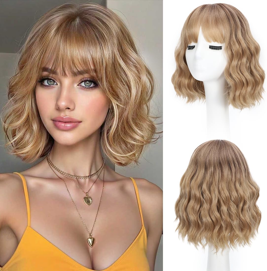 Ombre Blonde Wig With Bangs Bob Synthetic Curly Wigs Natural Shoulder Length Wig 12 inch for Women Girls Daily Use Colorful Wigs