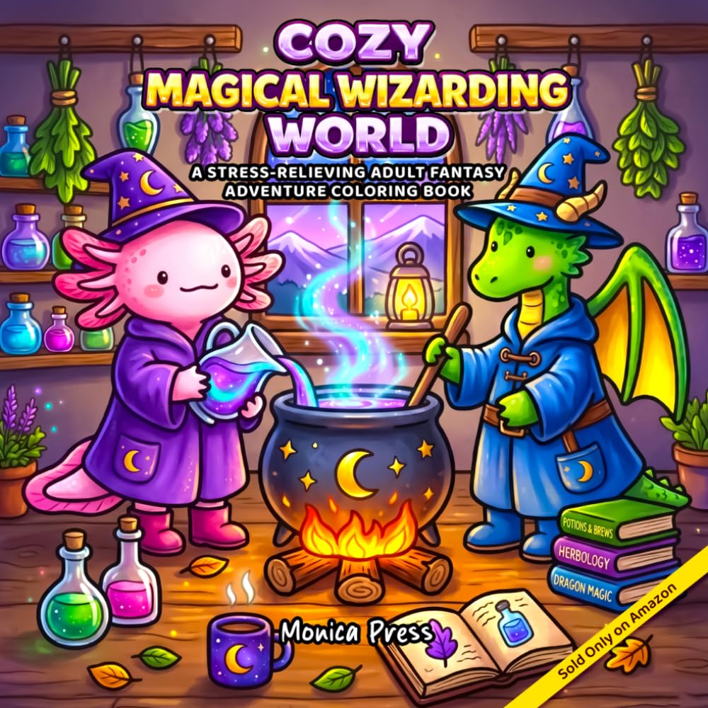 Cozy Magical Wizarding World Coloring Book: A Cozy Fantasy Coloring Book for Adults & Teens Featuring Cute Wizards, Dragons, and Relaxing Magical Scenes