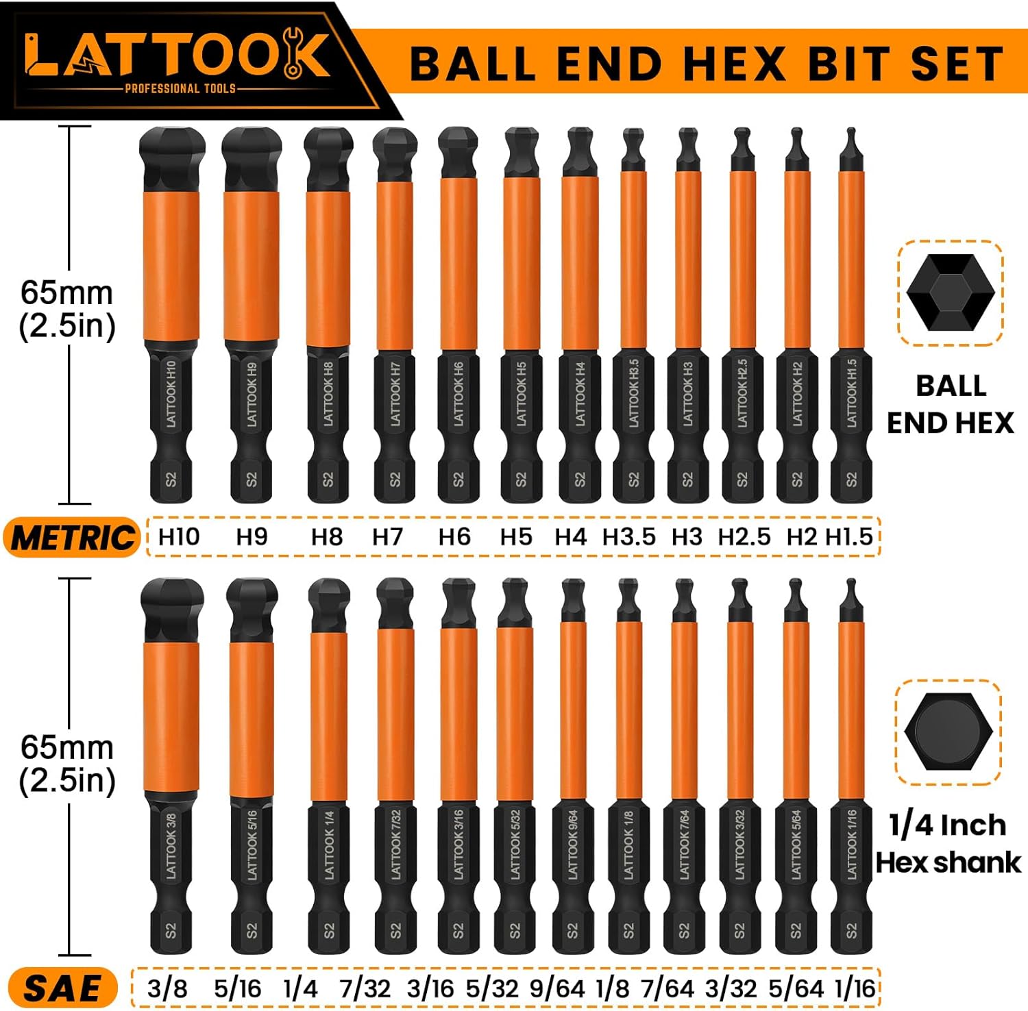 Ball End Hex Head Allen Wrench Drill Bit Set, 24PCS 2.5 Inch Metric & SAE Sizes Ball End Hex Bit Set Allen Key Set Hex Key Set, Magnetic Tipped, S2 Steel