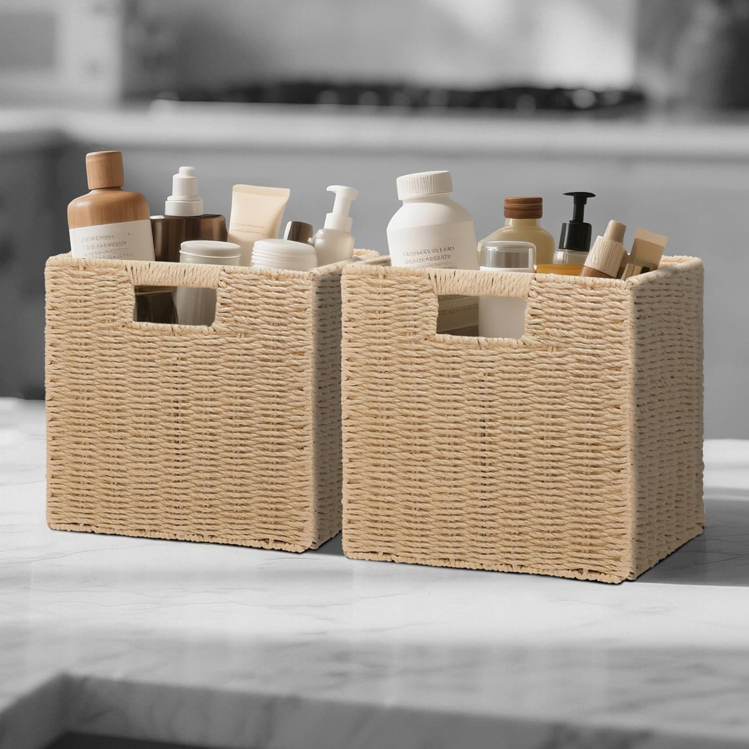 Wicker Storage Baskets for Organizing, 3 Pack Rustic Foldable Square Basket for Shelves, Handwoven Cubby Organizer Bins for Home Decor, Small Cube Storage Bin for Closet Organization (Natural 11 inch) - Image 3