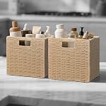 Wicker Storage Baskets for Organizing, 3 Pack Rustic Foldable Square Basket for Shelves, Handwoven Cubby Organizer Bins for Home Decor, Small Cube Storage Bin for Closet Organization, 11 inch