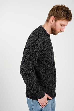 SAOL 100% Merino Wool Men's Irish Traditional Aran Crew Neck Cable Knit Sweater Pullover