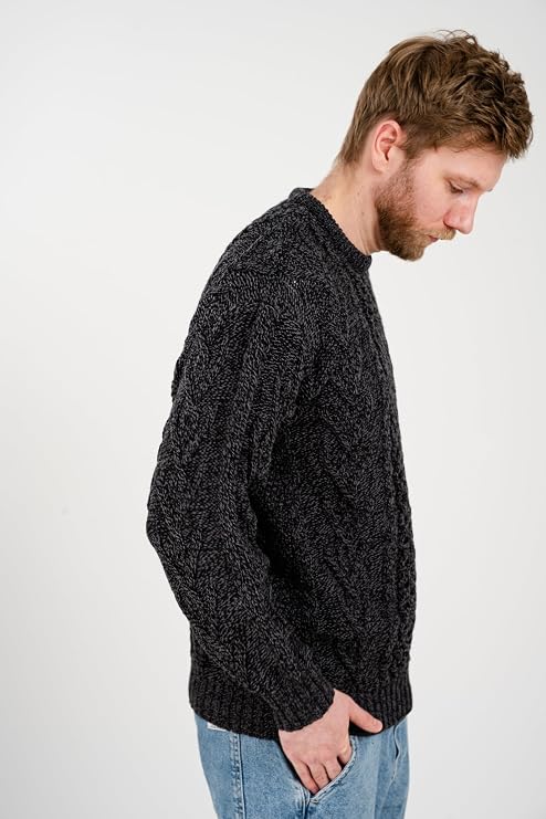 SAOL 100% Merino Wool Men's Irish Traditional Aran Crew Neck Cable Knit Sweater Pullover