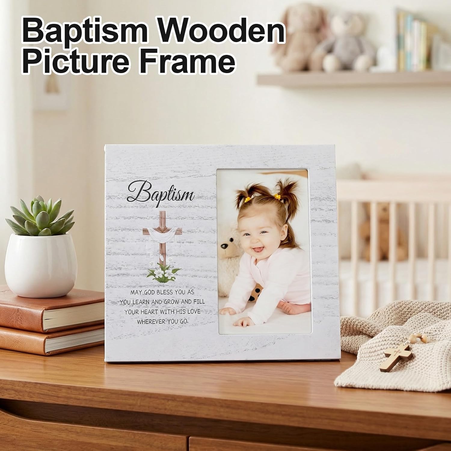 Baptism Picture Frame Gifts for Boys & Girls 4 x 6 Inch Wood Photo Frame Christening and Catholic Baby Gifts for Baptism Party Favors