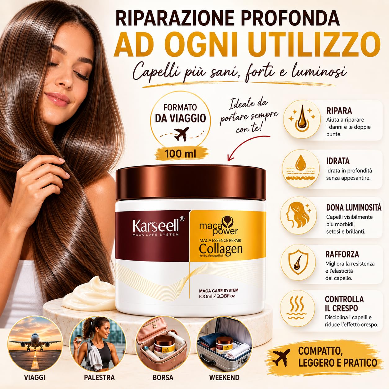 Karseell MACA CARE SYSTEM Maschera Capelli Professionale Collagene Argan Cocco Karité Nutriente Idratante Riparatrice Anticrespo Capelli Secchi Danneggiati Crespi Senza Solfati Formato Viaggio 100ml