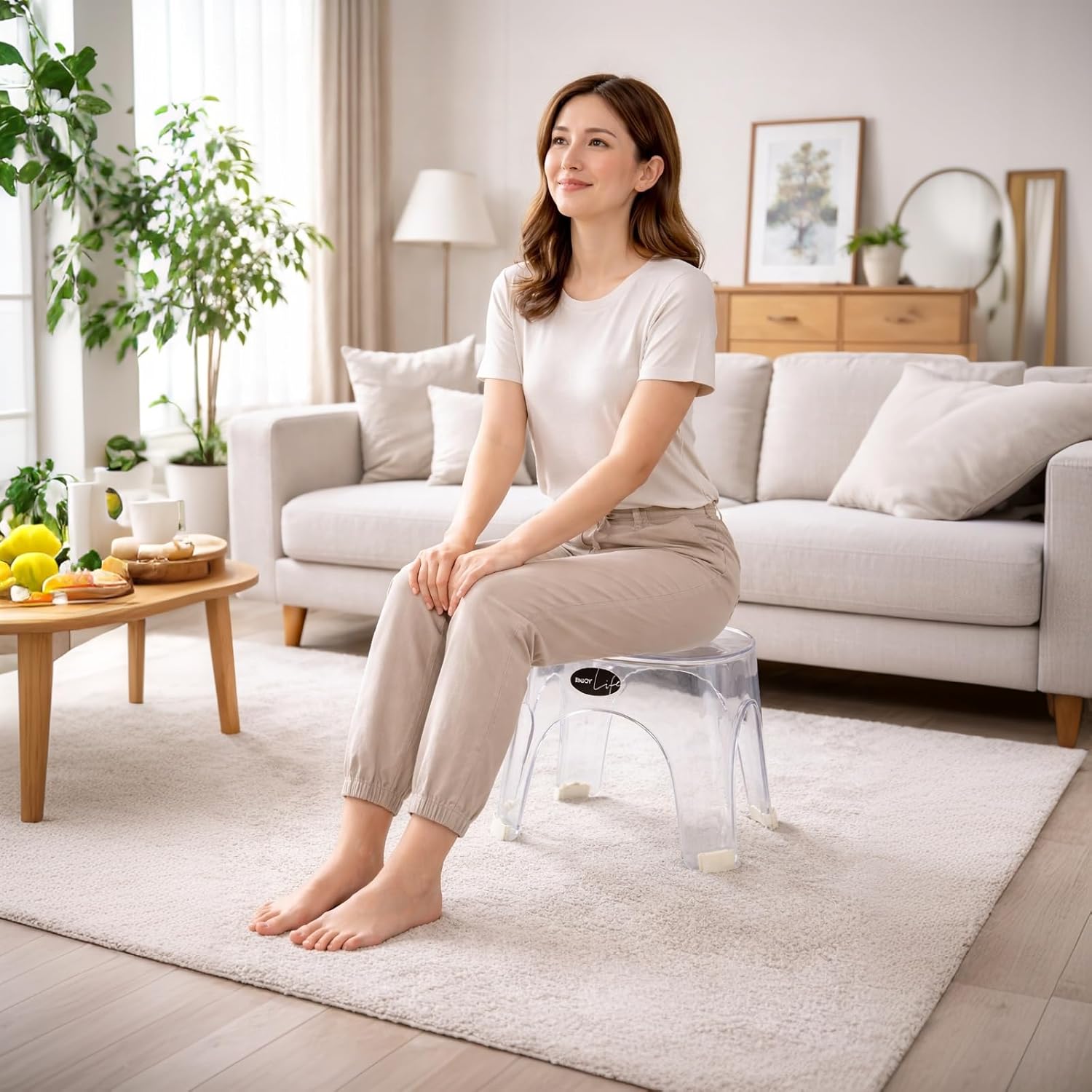 Acrylic Small Shower Stool for Inside Shower - Waterproof Bathroom Stool Clear Shower Stool for Shaving Legs, Corner Round Stool with Anti-Slip for Small Spaces, 300 lb, Tool-Free Assembly