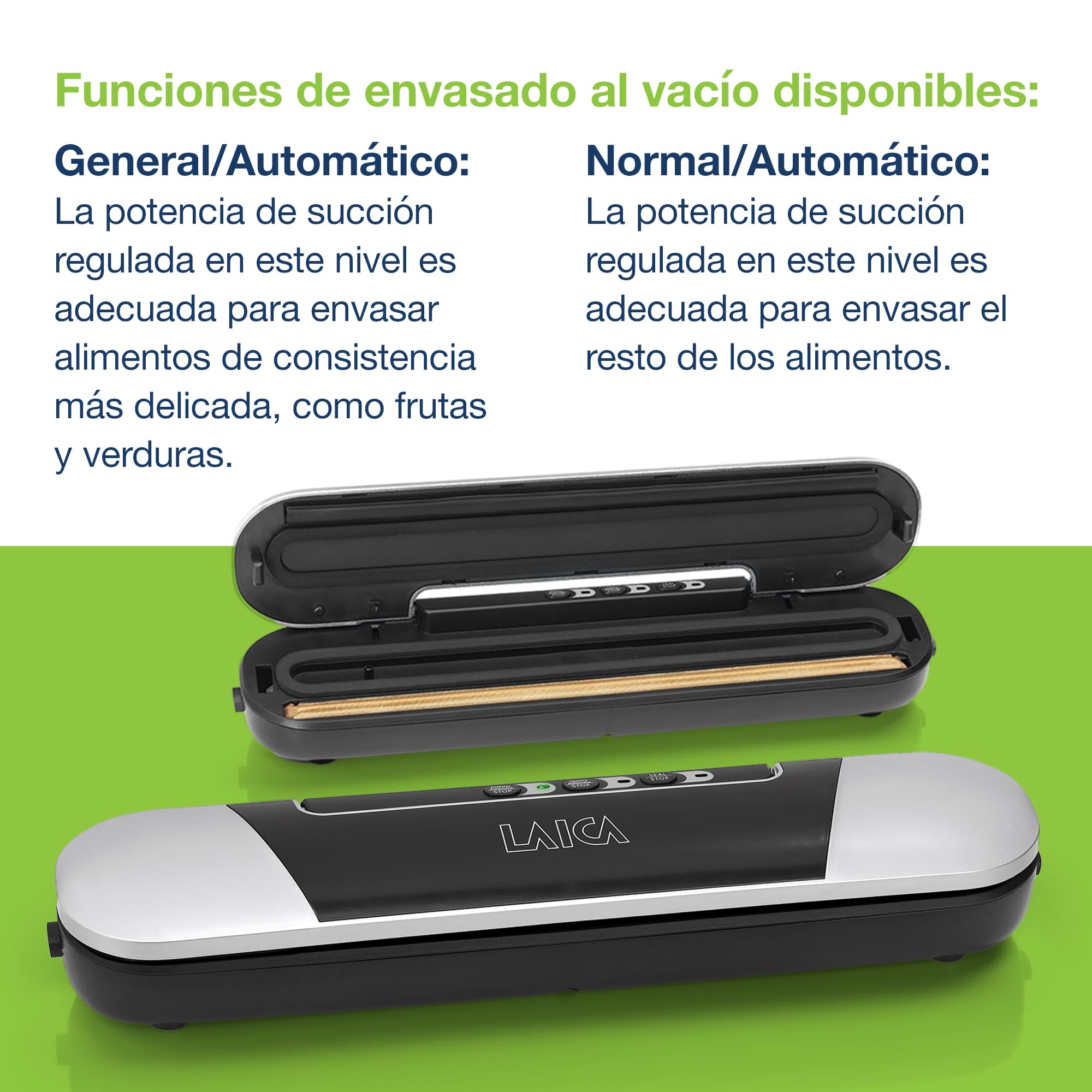 Termoselladora de bolsas y envasadora de alimentos al vacío LAICA VT3205 con bolsas adicionales - Diseño compacto y fácil de almacenar | Diseño compacto, base magnética para nevera, vacío parcial, hasta 5 veces la vida útil de alimentos cocinados y fresco