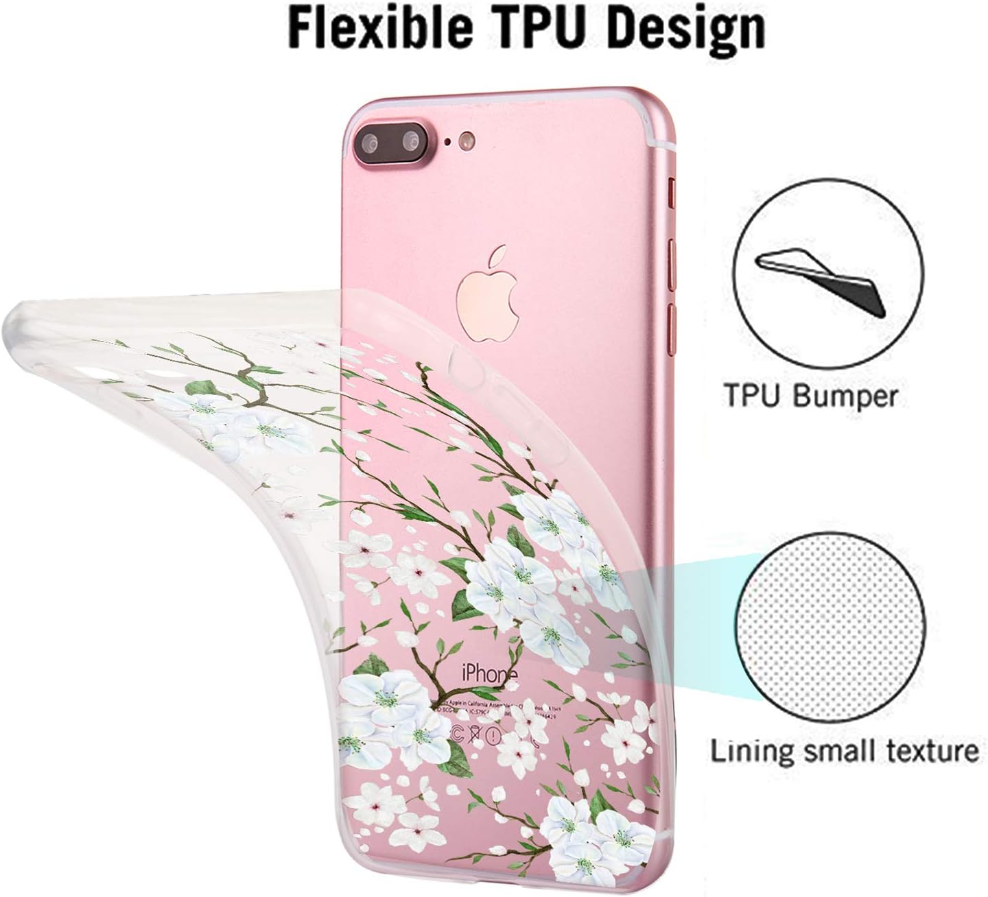 Zeronal iPhone 8/7 Plus Case White Flower Floral Case Clear for Girl Women Soft TPU Bumper Case Anti-Slip White Shell, Shockproof Full-Body Protection Case for iPhone 7/8 Plus Cover Cherry Blossom