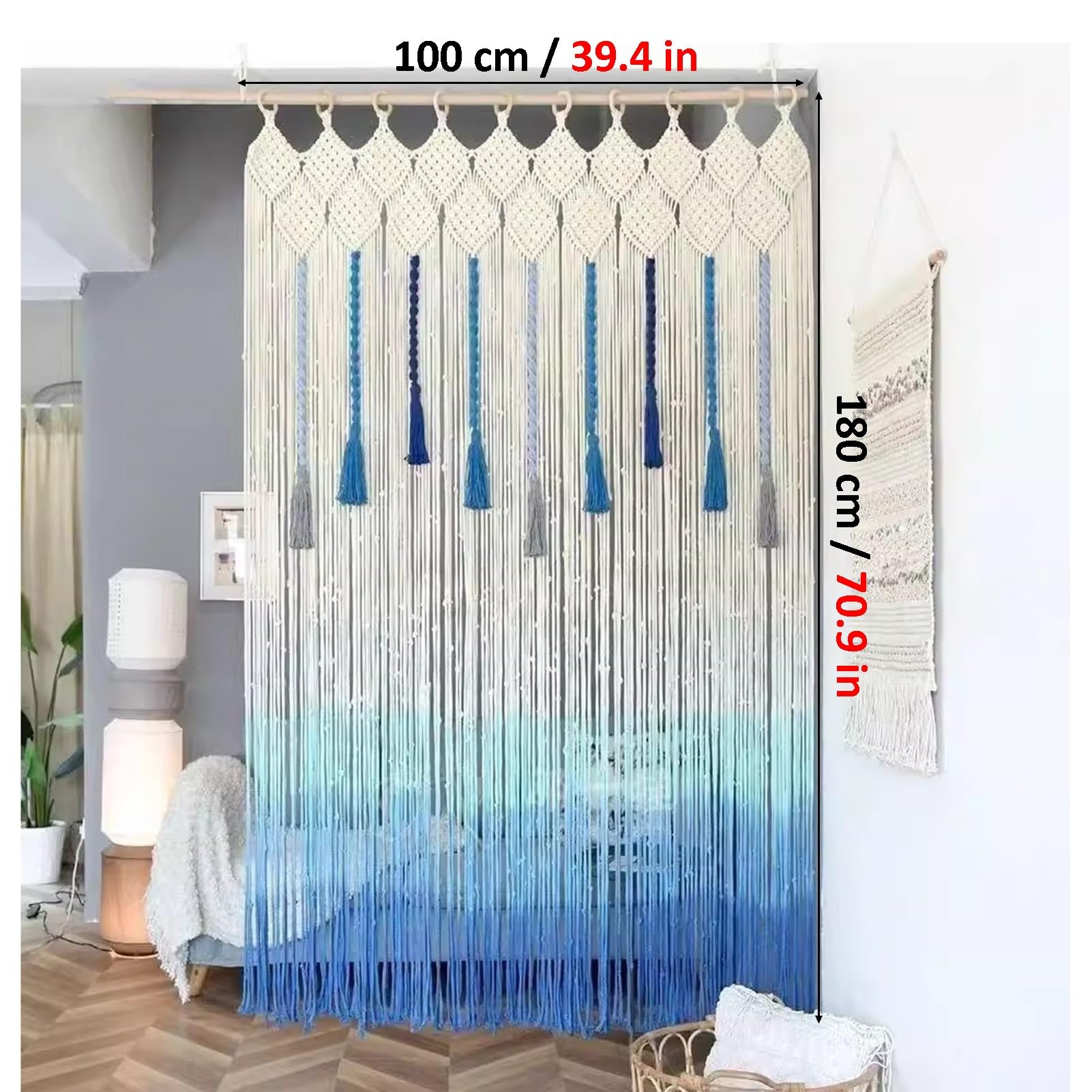 Rideaux en macramé Rideaux en Macramé Bleu pour Fenêtres, Tenture Murale en Macramé Long en Coton, Rideau À Cordes pour La Décoration Murale(39.4x70.9in)