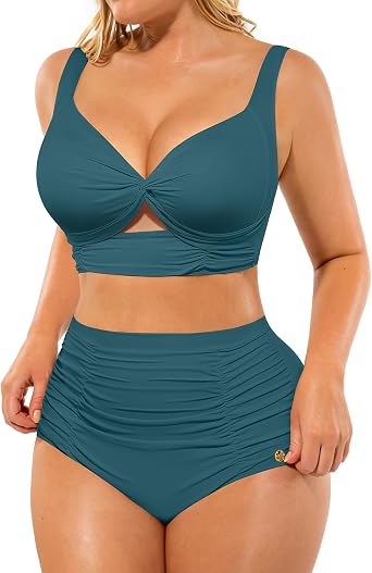SHAPELLX Womens High Waisted Bikini Sets Two Piece Tummy Control Swimsuit | Twist-front top,ruched bottom,push up bust lift,v-neck,adjustable multi-way wide straps,removable pads,full coverage brief