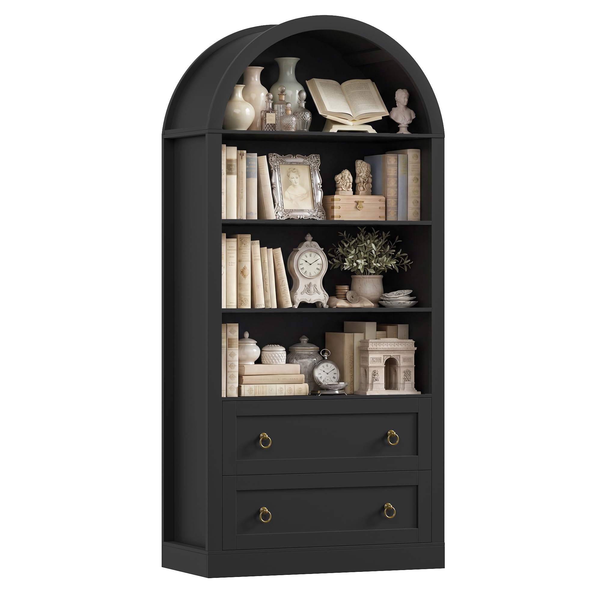 FirFurd Bücherregal mit Schublade, Vitrinenschrank, Gewölbter Bücherschrank | Bücherregal, Mehrzweckschrank, Vitrinenschrank, Hochschrank, Schrank für Wohnzimmer, Arbeitszimmer, Küche 177x79x36cm
