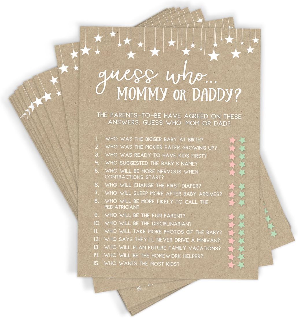 Printed Party Baby Shower Games – Guess Who Mommy or Daddy Game for Boy or Girl, Rustic Kraft Paper Theme, 50 Cards