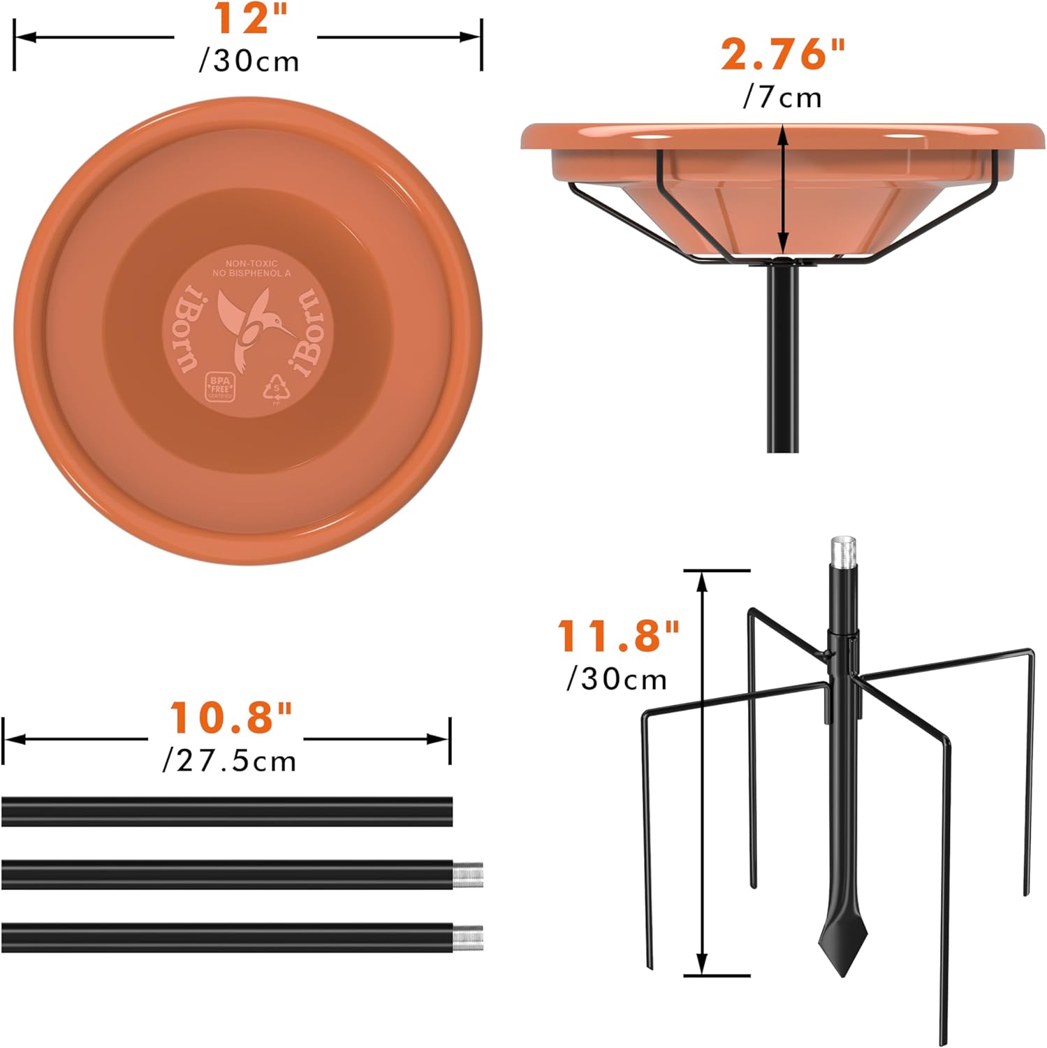 iBorn Squirrel Baffle for Bird Feeder Pole,19.5”,Chew-Proof PC, Pack of 1, Black + 36in Metal Freestanding Bird Baths with 3 Adjustable Height Pole,5-Prongs Base,Pack of 1