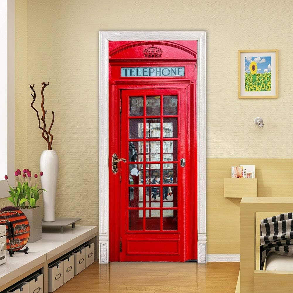 Door Sticker Decor Removable Mural Wallpaper of PVC Art Sticker, London Red Phone Booth Wall Decal Art 3D Wallpaper