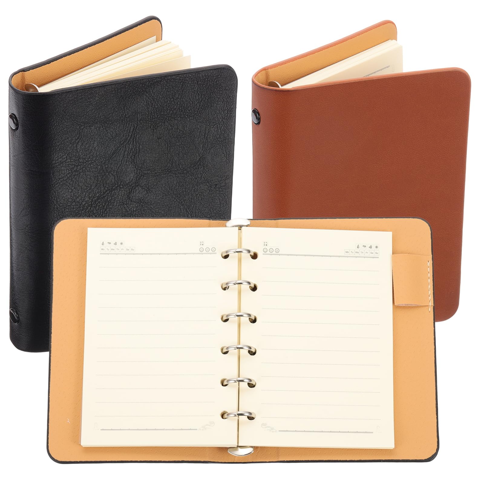 PATIKIL 6 Ring Binder Cover, 2 Pack A7 Leather Notebook Binder Mini Refillable Loose Leaf Personal Planner with 50 Sheets Line Paper, Black/Brown
