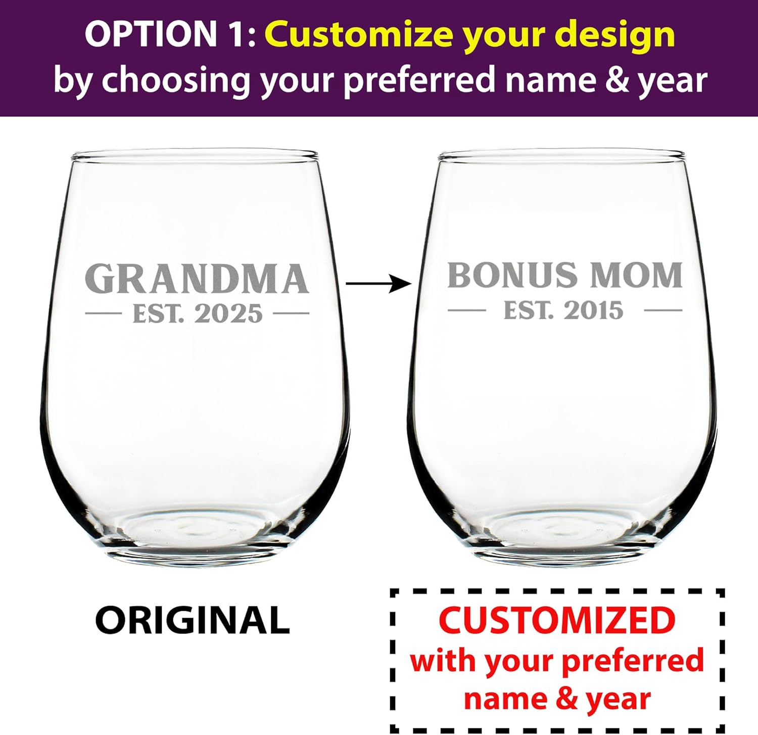 Custom Grandma Est 20XX - New Grandmother Stemless Wine Glass Gift for First Time Grandparents - Personalized Bold 17 Oz Large Glasses