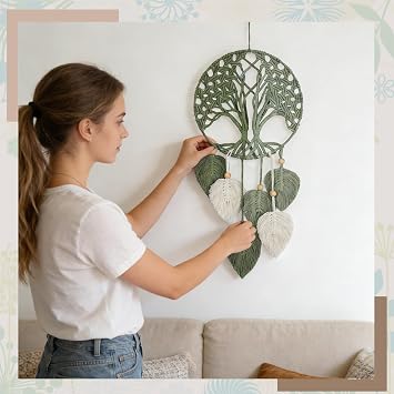 Crystalberry Macrame Leaf Wall Hanging Bohemian Leaves Woven Yarn Tapestry Leaf Macrame Wall Decor Craft Gifts Tapestry Kit for Living Room Bedroom (Green Tree of Life)