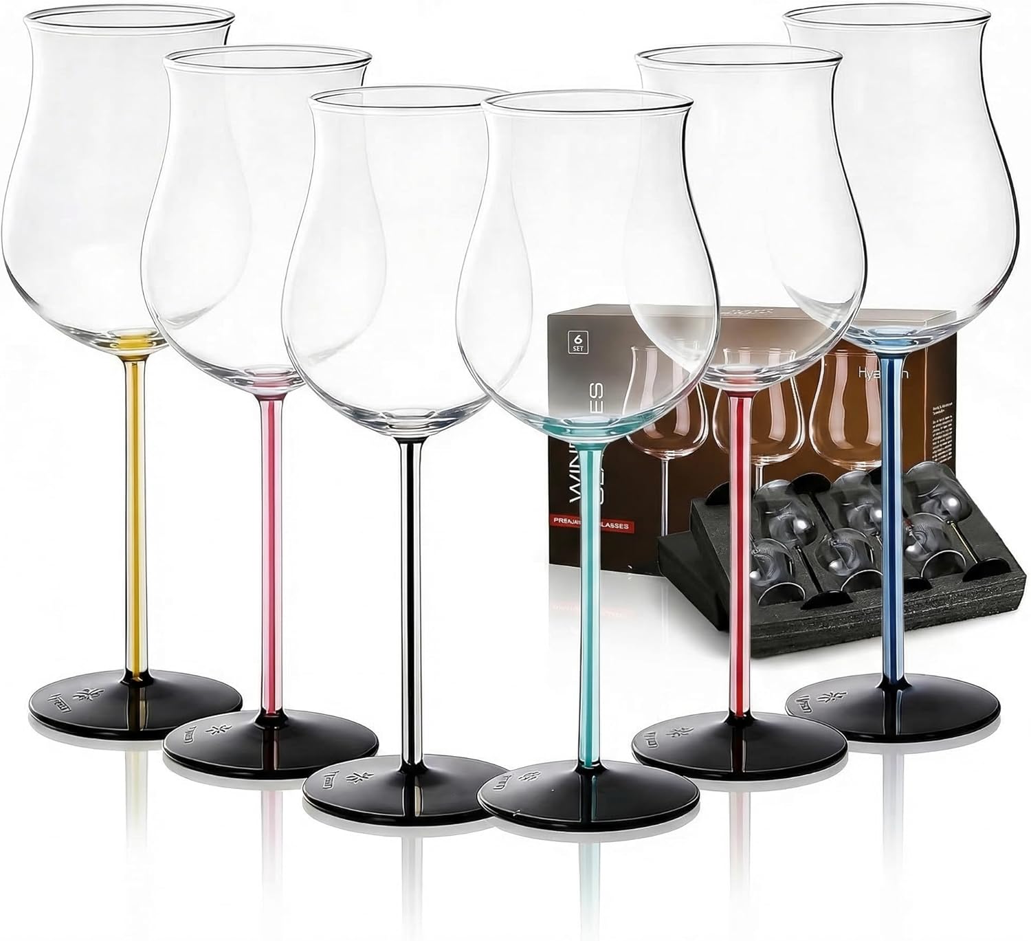 Colored Stems Wine Glasses Set of 6,17oz Borosilicate Featherlight Glassware, Smooth Rim Cocktail & Aperol Spritz Glasses, Dishwasher Safe Housewarming Gift