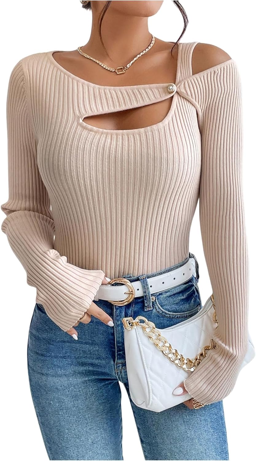 MakeMeChic Women's Asymmetrical Neck Sweater Cut Out Long Sleeve Fitted Pullover Tops