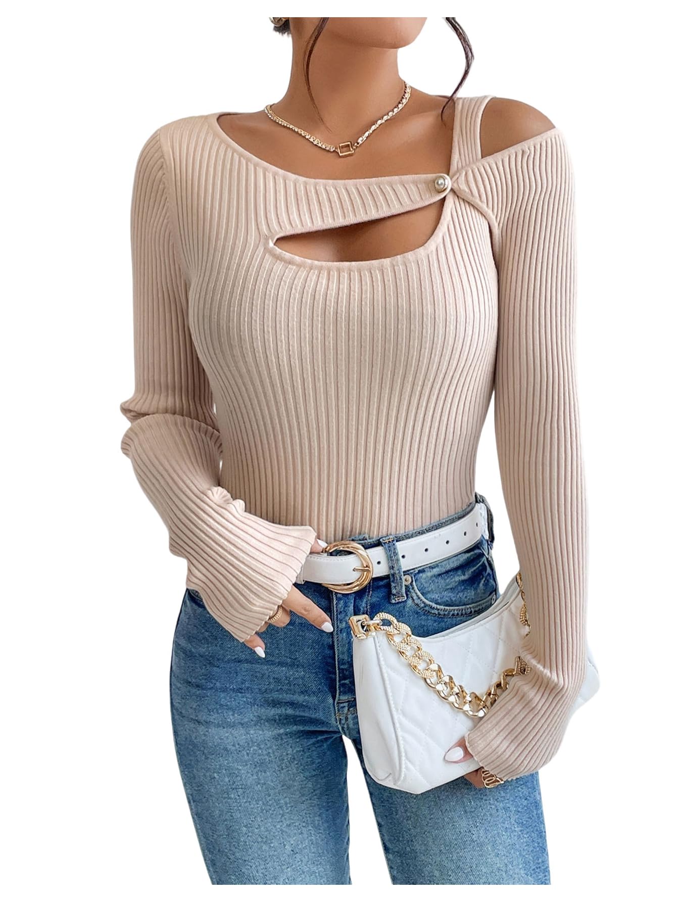 MakeMeChic Womens Asymmetrical Neck Sweater Cut Out Long Sleeve Fitted Pullover Tops