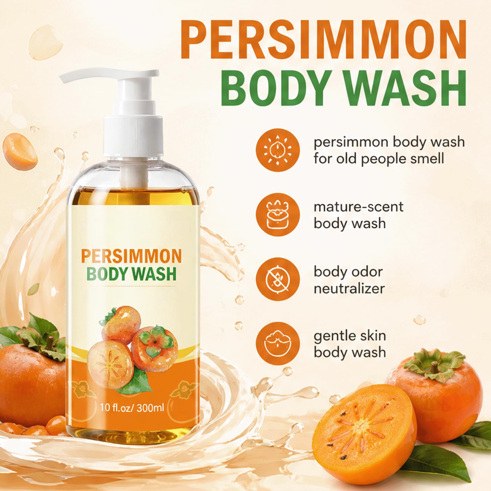 Persimmon Body Wash dla osób starszych Zapach - Neutralizator zapachów o dojrzałym zapachu, Delikatny płyn pod prysznic do skóry, Dezodoryzujący środek czyszczący dla kobiet i mężczyzn, (5 szt)